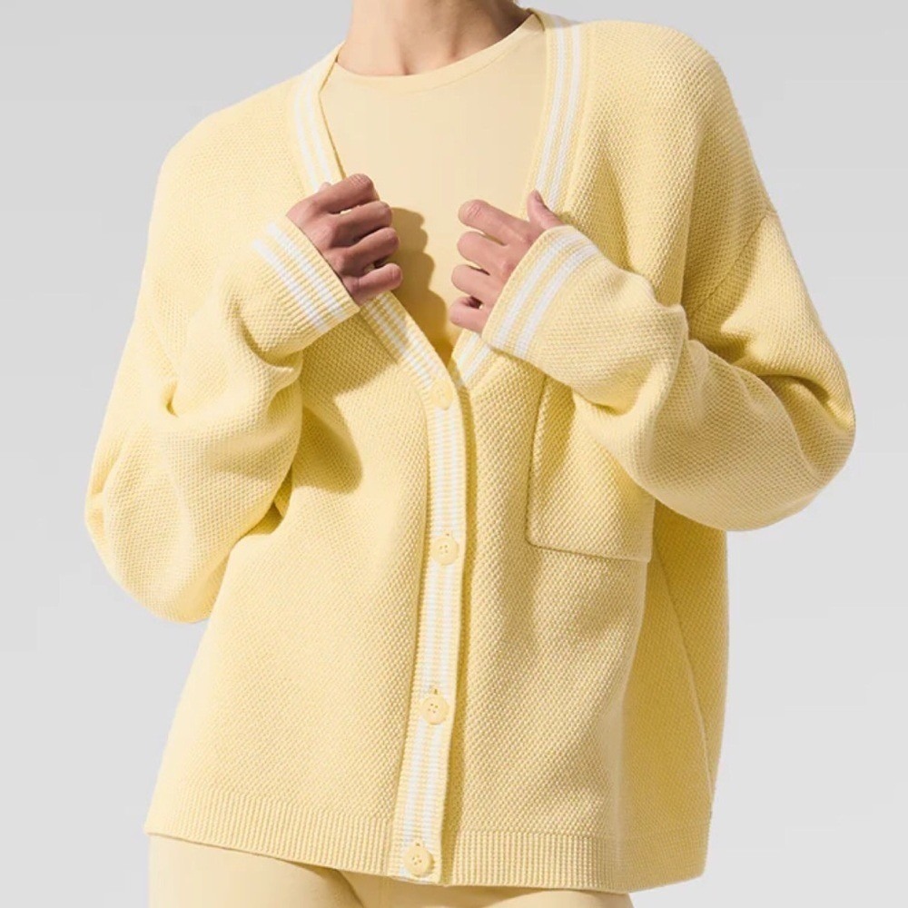 Alo Yoga Tennis Club Sweater Knit Cardigan Warm Butter/White S